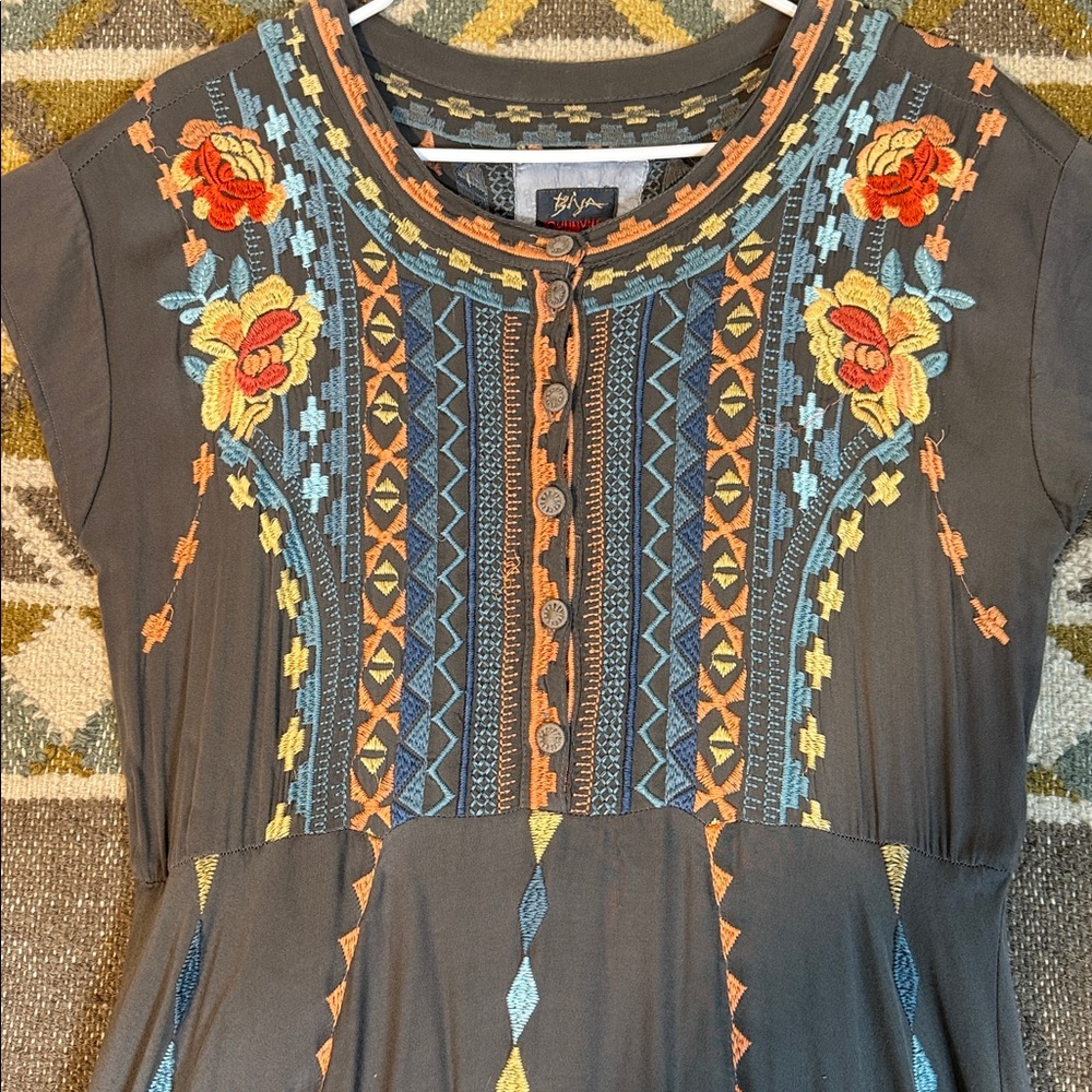 Johnny Was Gray Maxi Dress with Orange, Yellow & Light Blue Embroidery - Picture 2 of 7